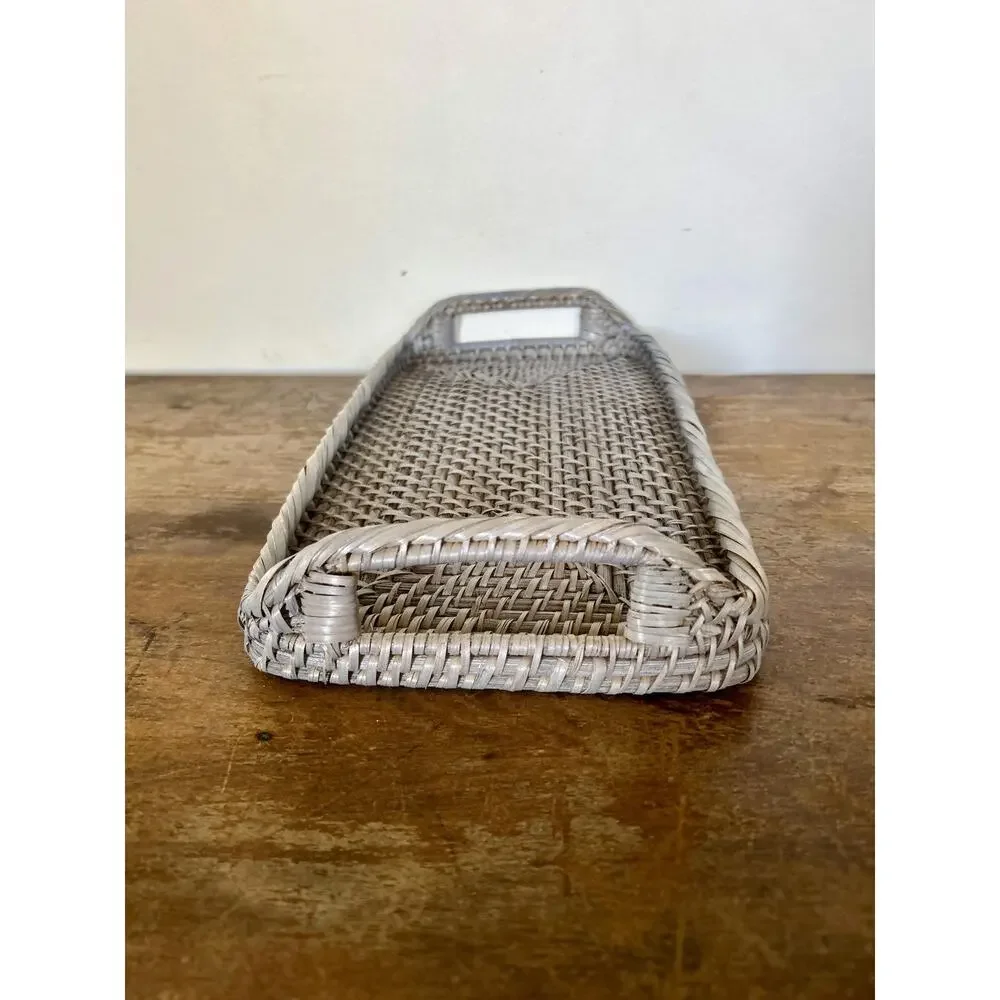 Vintage Grey Painted Rectangular Tray Basket with Handles, Cottagecore Farmhouse
